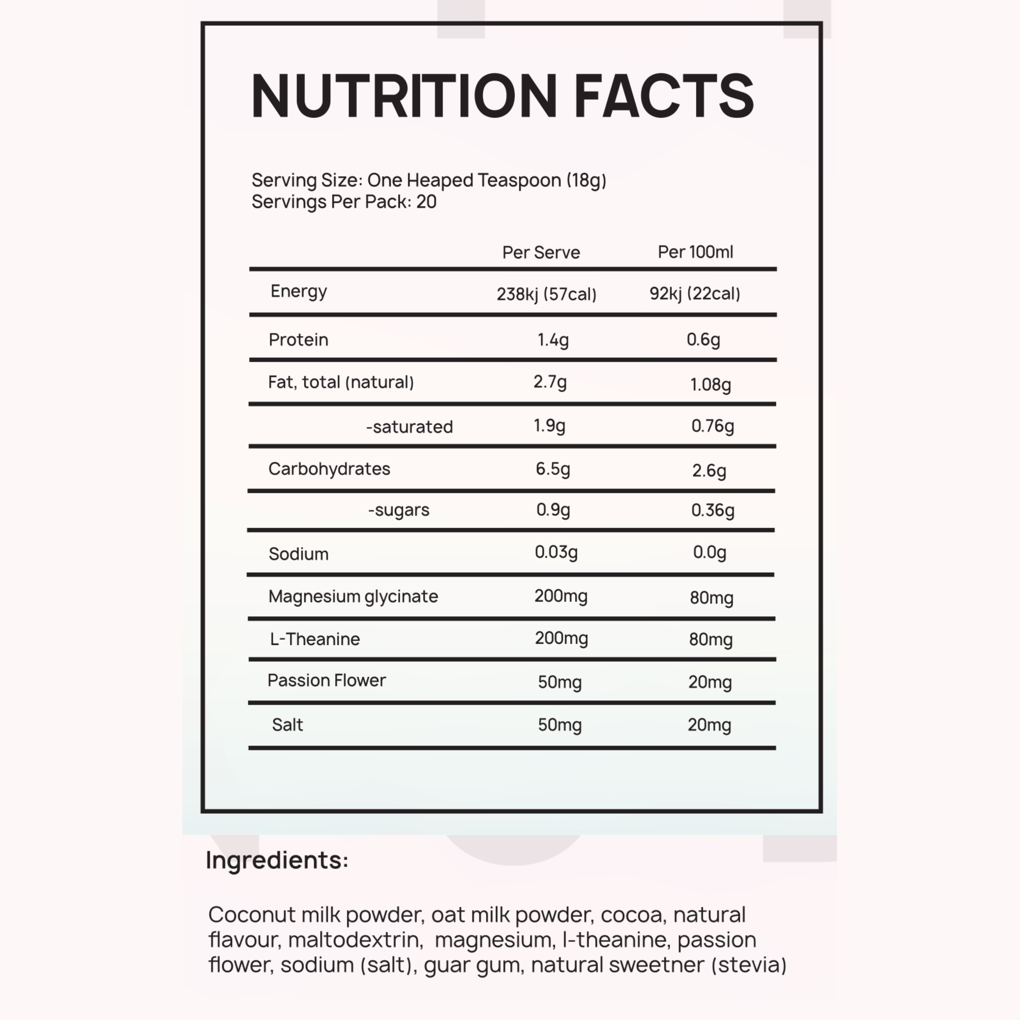 sugar free dairy free hot chocolate nutritional panel